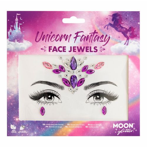 Packaging of Unicorn Fantasy Face Jewels with colorful design and 'Moon Glitter' branding.