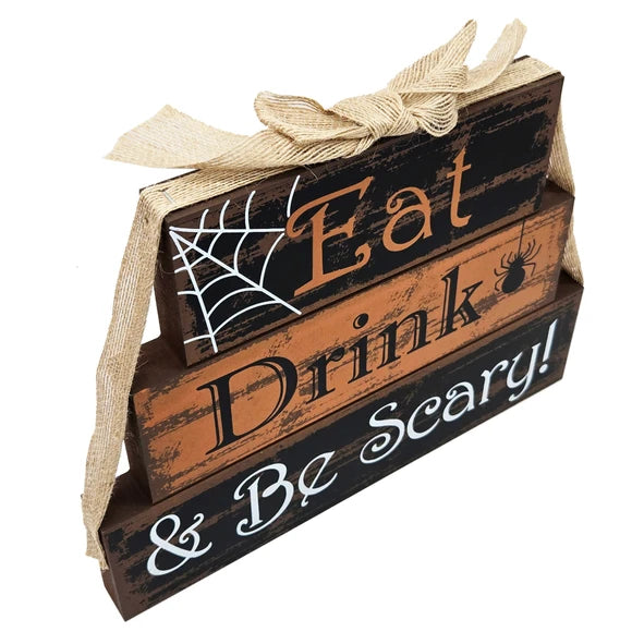 Eat, Drink & Be Scary Block with Bow Halloween Tabletop Stand
