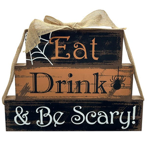 Eat, Drink & Be Scary Block with Bow Halloween Tabletop Stand