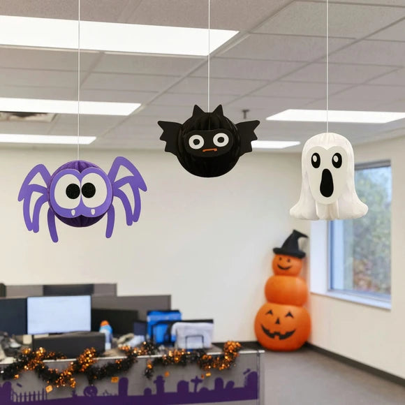3 Piece Honeycomb Paper Hanging Indoor Halloween Decorations Bat, Ghost and Spider