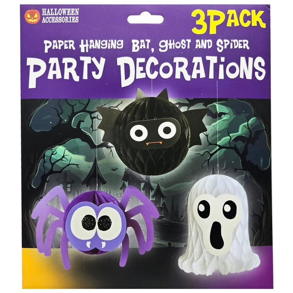 3 Piece Honeycomb Paper Hanging Indoor Halloween Decorations Bat, Ghost and Spider