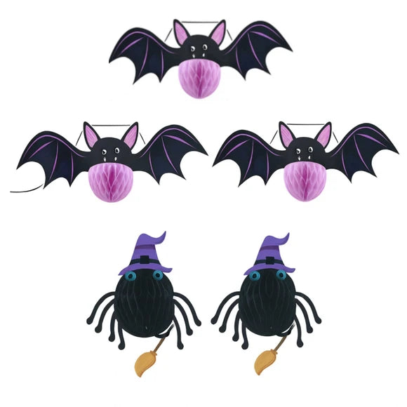 5 Piece Wall Stick On Halloween Honeycomb Paper Bat and Spider Decorations Set
