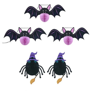 5 Piece Wall Stick On Halloween Honeycomb Paper Bat and Spider Decorations Set