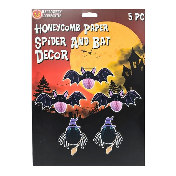5 Piece Wall Stick On Halloween Honeycomb Paper Bat and Spider Decorations Set