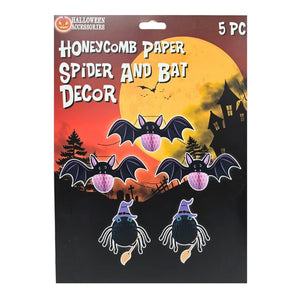 5 Piece Wall Stick On Halloween Honeycomb Paper Bat and Spider Decorations Set