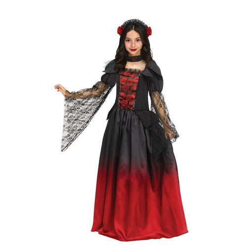 A child modeling a gothic Halloween costume dress with a black and red gradient skirt, lace sleeves, and red rose hair accessories, shown against a plain white background.