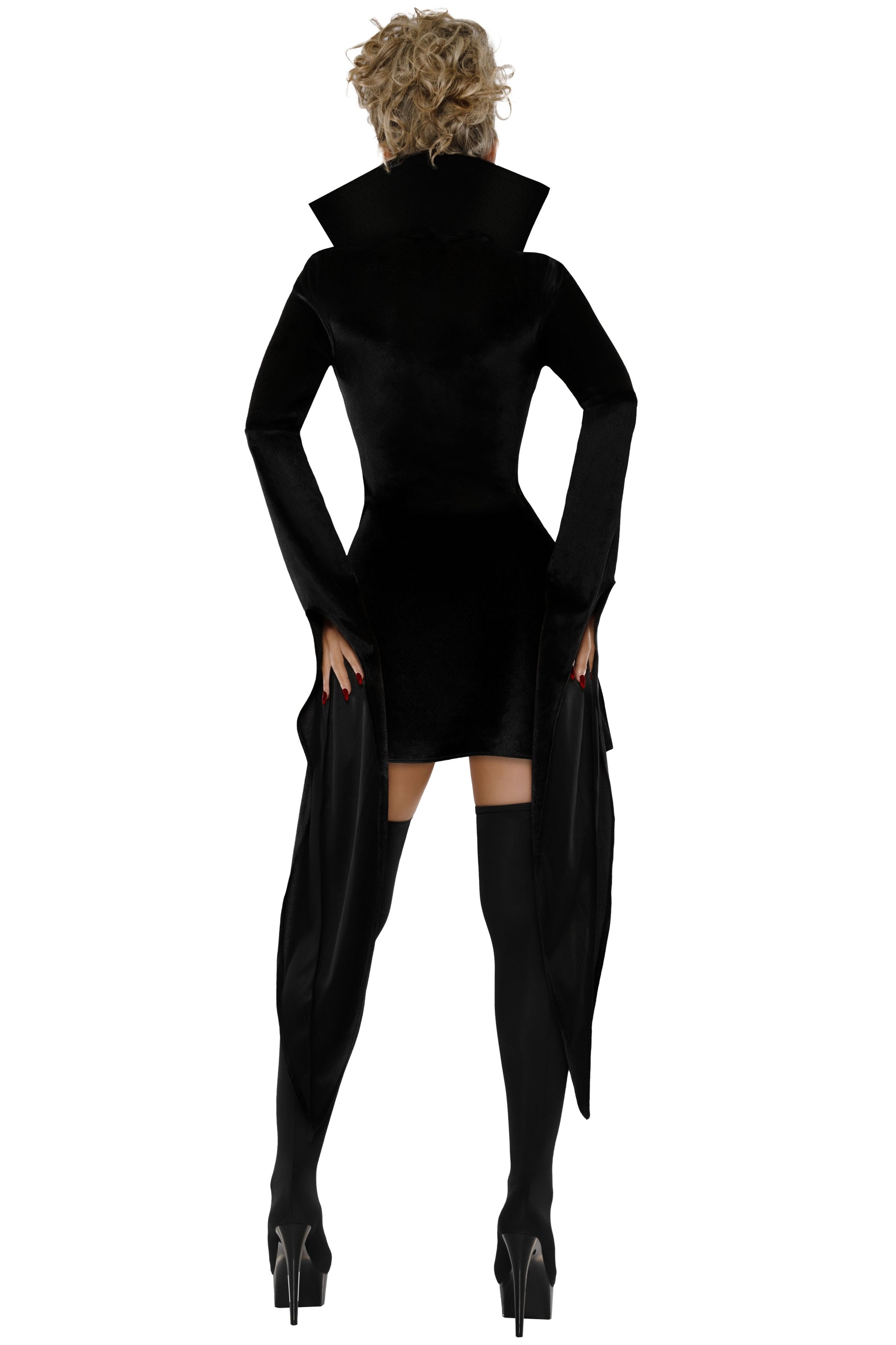A woman shown from the back wearing a black long-sleeve mini dress with a high structured collar and matching thigh-high stockings against a plain white background.