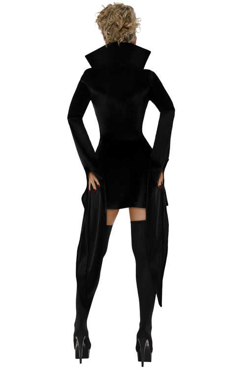 A woman shown from the back wearing a black long-sleeve mini dress with a high structured collar and matching thigh-high stockings against a plain white background.