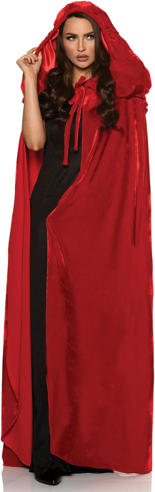 Woman wearing a red hooded cloak over a black dress