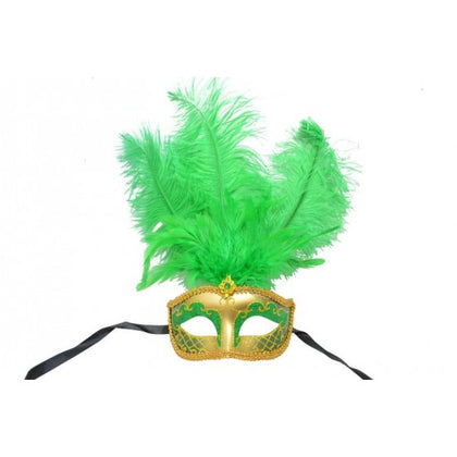 Venetian Eye Mask with Feathers | Green & Gold