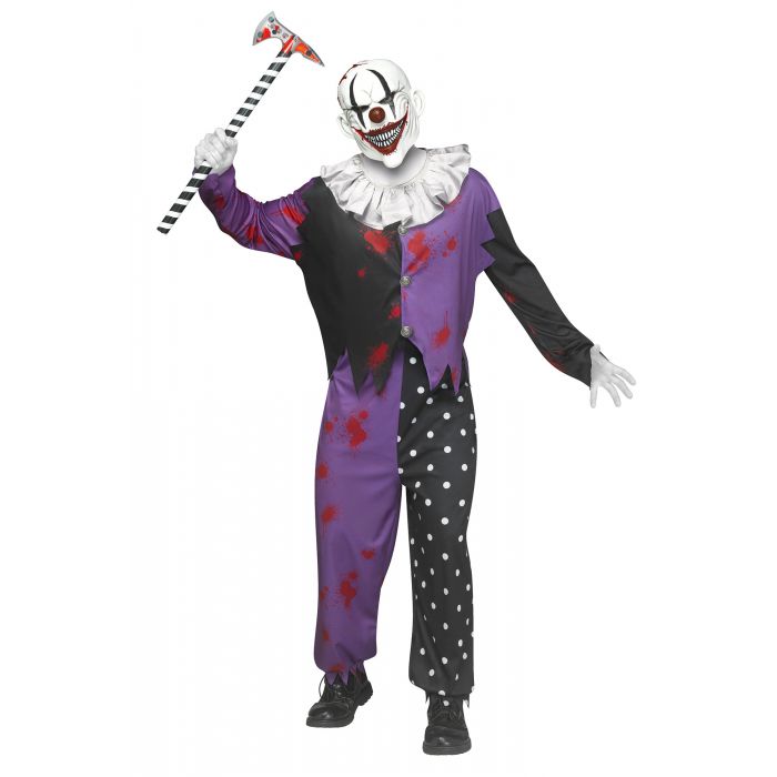 Person wearing a Halloween clown costume with a white face, purple outfit, and black shoes on a white background.