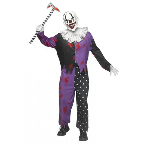 Person wearing a Halloween clown costume with a white face, purple outfit, and black shoes on a white background.