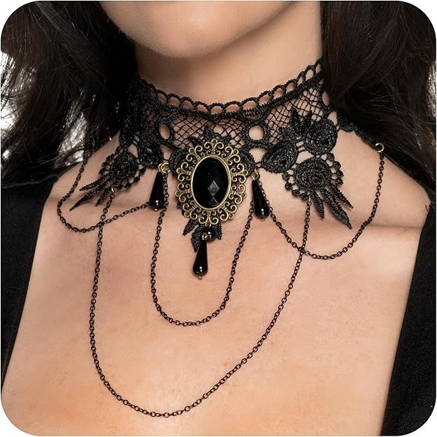 Black lace choker necklace with decorative elements on a person's neck