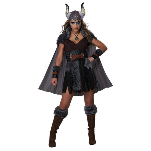 Viking costume with horned helmet, cape, and boots on a white background