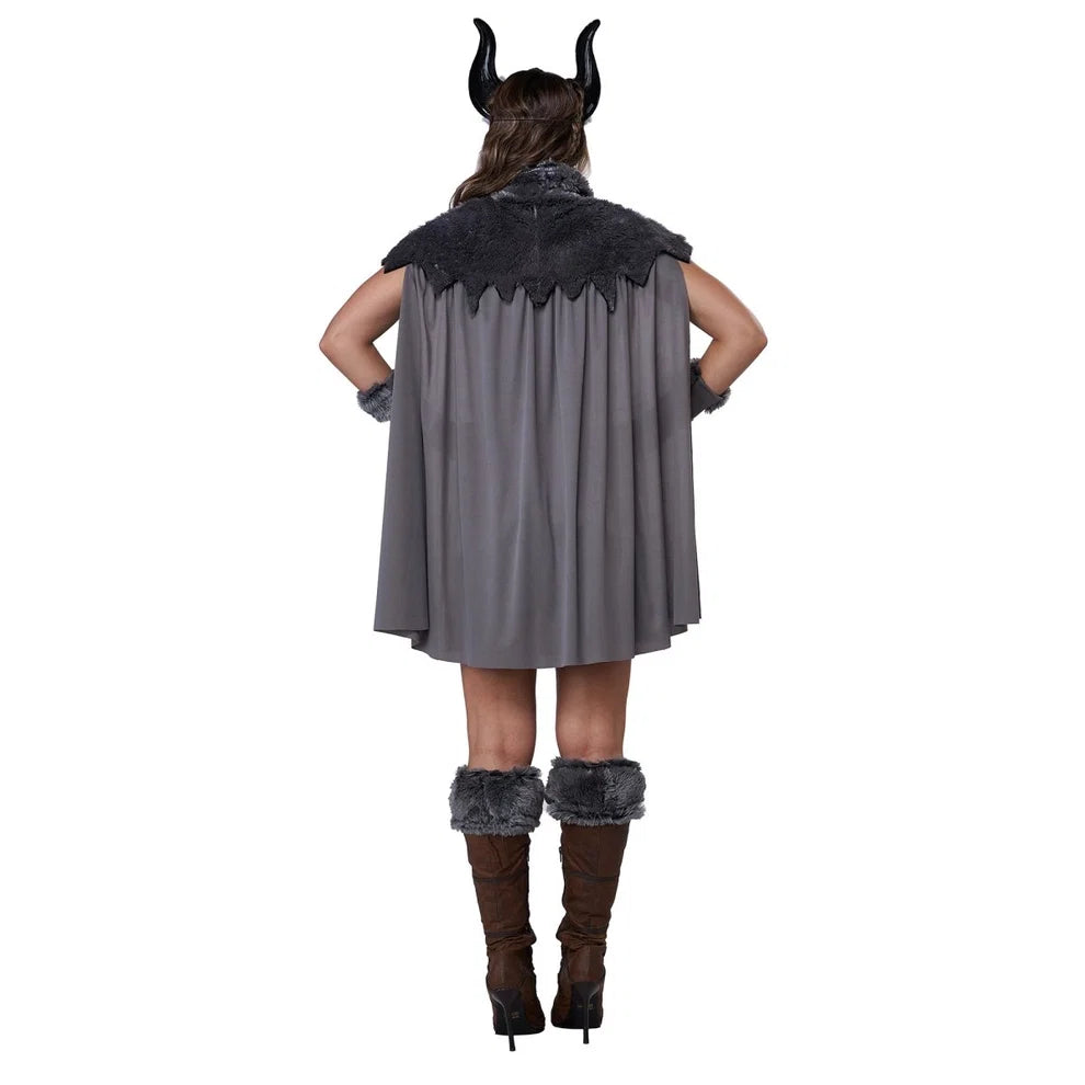 Person wearing a dark gray cape with black fur trim and horns on a white background
