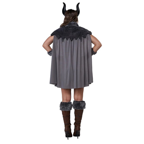 Person wearing a dark gray cape with black fur trim and horns on a white background