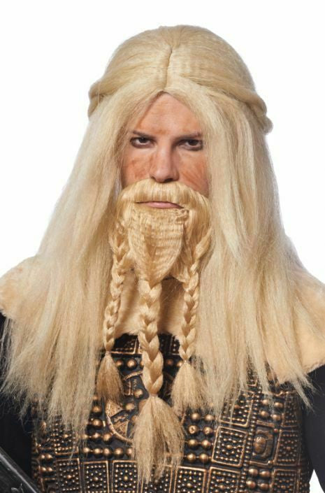 Person with long blonde wig and braided beard on a white background