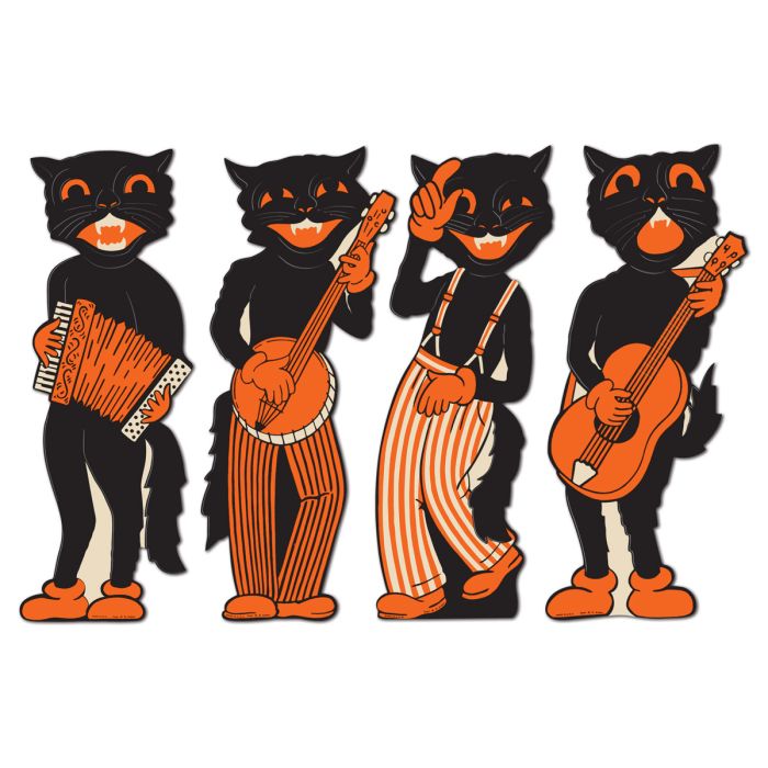 Four cartoon cats playing musical instruments on a white background