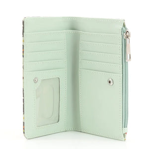 Mint green wallet with floral pattern on a white background