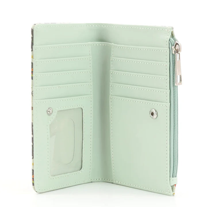 Mint green wallet with floral pattern on a white background