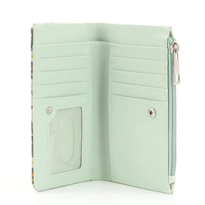 Mint green wallet with floral pattern on a white background