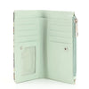 Mint green wallet with floral pattern on a white background