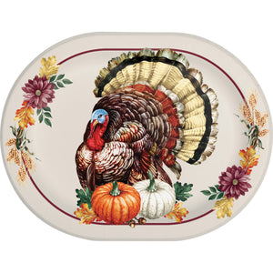 Decorative plate with a turkey design and autumn elements on a white background
