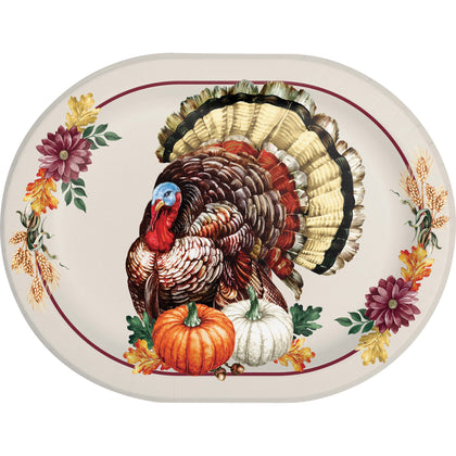 Decorative plate with a turkey design and autumn elements on a white background