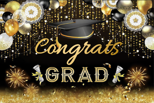 Graduation-themed decorative banner with 'Congrats Grad' text, graduation cap, and confetti on a black and gold background.