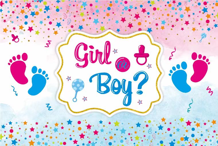 Gender reveal party banner with footprints and 'Girl or Boy?' text on a colorful star background.