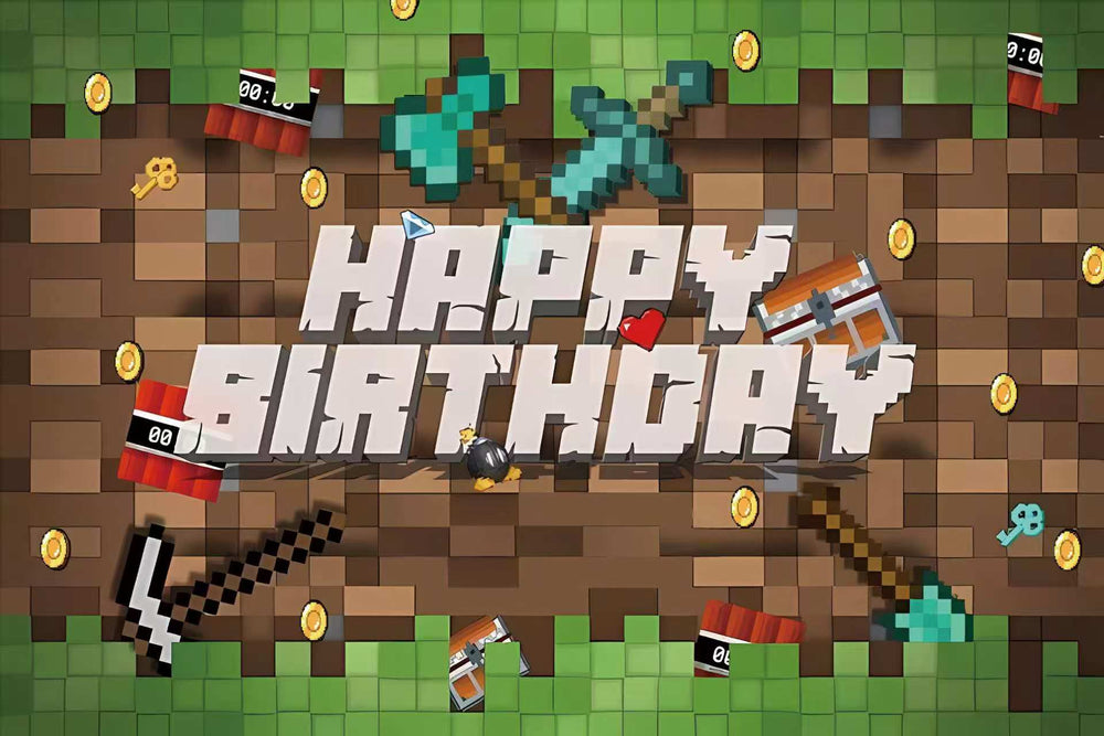 Happy Birthday text in a pixelated, Minecraft-style setting with tools and coins.