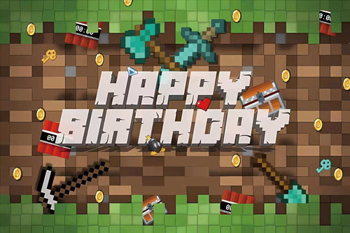 Happy Birthday text in a pixelated, Minecraft-style setting with tools and coins.
