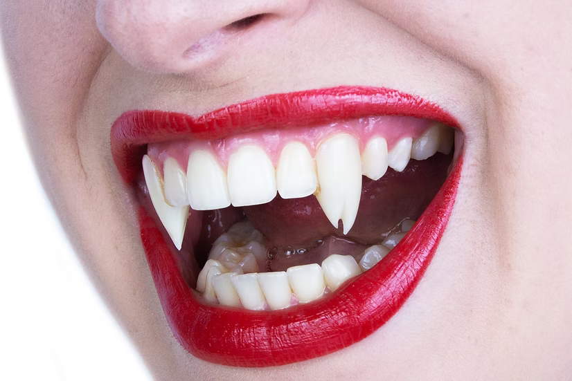 Close-up of a person's mouth with bright red lipstick, showing pointed vampire-style fangs and natural teeth against a white background.