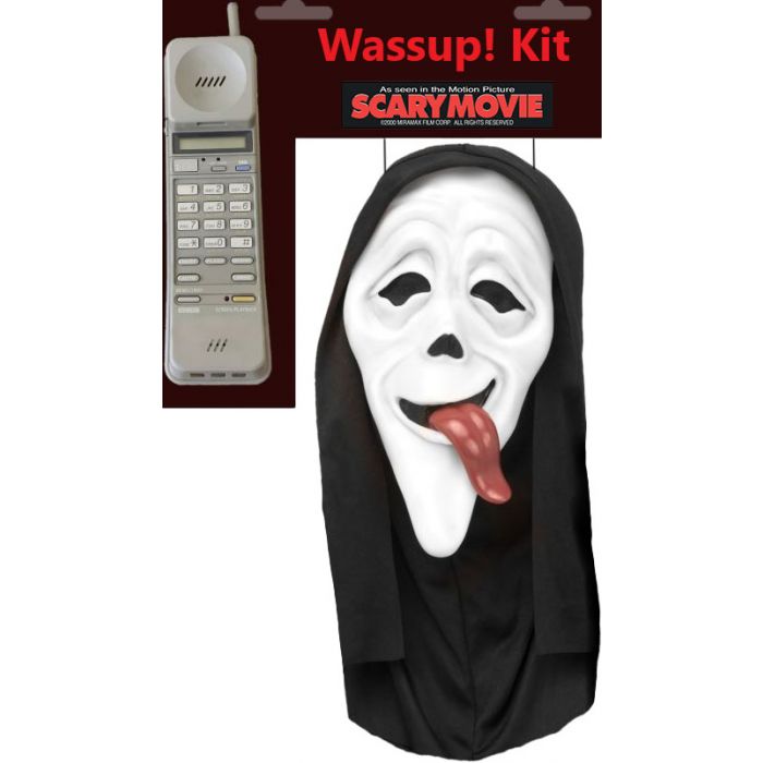 Halloween mask with black hood and tongue sticking out, next to a phone and 'Scary Movie' packaging.
