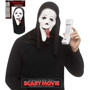 Person wearing a black hooded costume with a white mask, holding a white phone, with 'Scary Movie' branding.