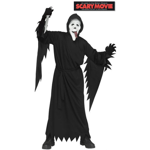 A person modeling a black hooded grim reaper Halloween costume with a white mask featuring red lips, black gloves, and jagged cape-like sleeves, against a plain white background. A 'Scary Movie' logo appears at the top.