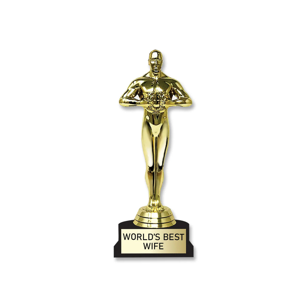 Gold trophy with 'World's Best Wife' plaque on a white background
