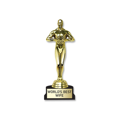 Gold trophy with 'World's Best Wife' plaque on a white background