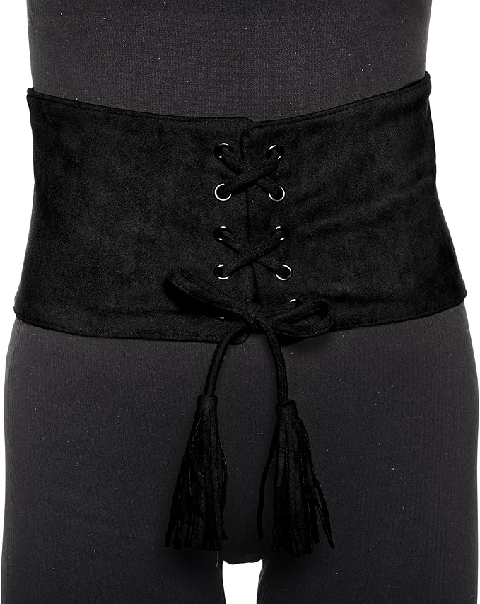 Black lace-up belt with tassels on a plain background
