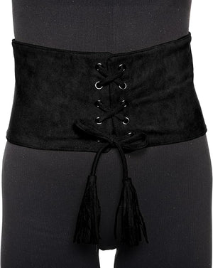 Black lace-up belt with tassels on a plain background