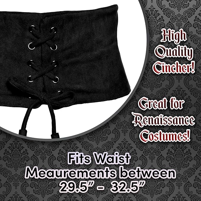 Black corset cincher with text highlighting its use for Renaissance costumes and waist measurement range.