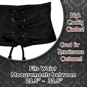 Black corset cincher with text highlighting its use for Renaissance costumes and waist measurement range.