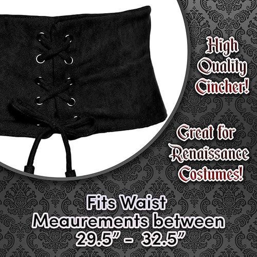Black corset cincher with text highlighting its use for Renaissance costumes and waist measurement range.