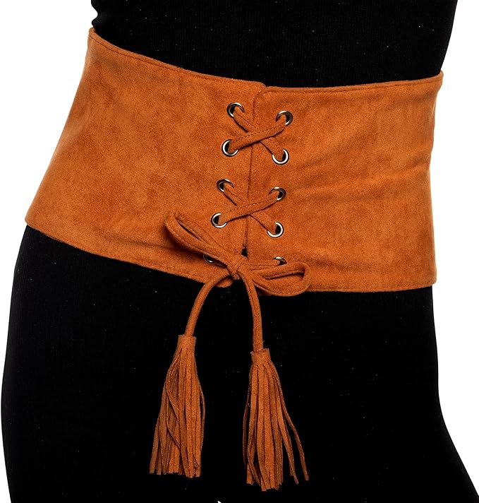Brown suede corset belt with tassels on a black background
