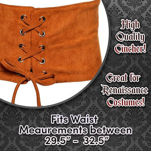 Brown cincher with lace-up design on a decorative background, labeled as high quality and suitable for Renaissance costumes.