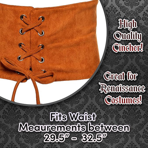 Brown cincher with lace-up design on a decorative background, labeled as high quality and suitable for Renaissance costumes.
