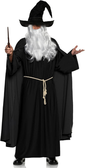 Person in a black wizard costume with a hat, robe, and wand on a white background