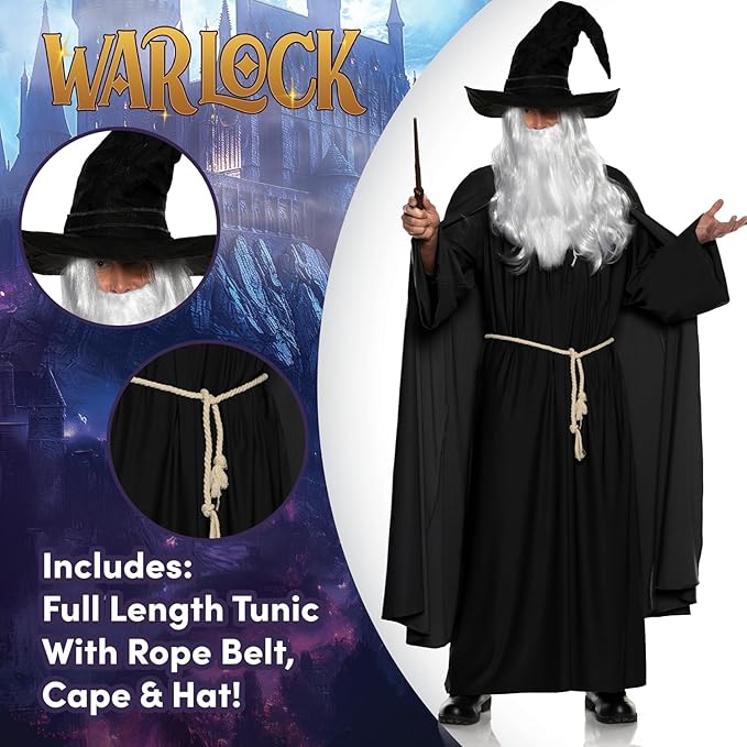 Wizard costume with hat, cape, and full-length tunic featuring 'Warlock' branding.