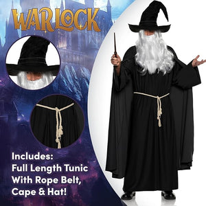 Wizard costume with hat, cape, and full-length tunic featuring 'Warlock' branding.