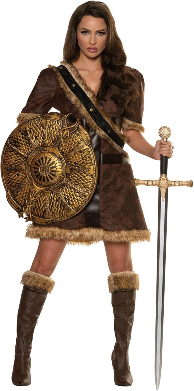 Person in a detailed warrior costume with shield and sword on a white background